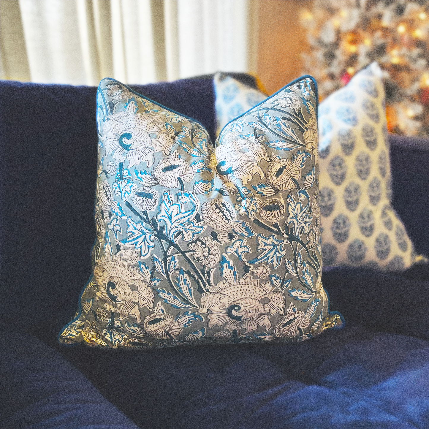 Peony Block Print Pillow Cover